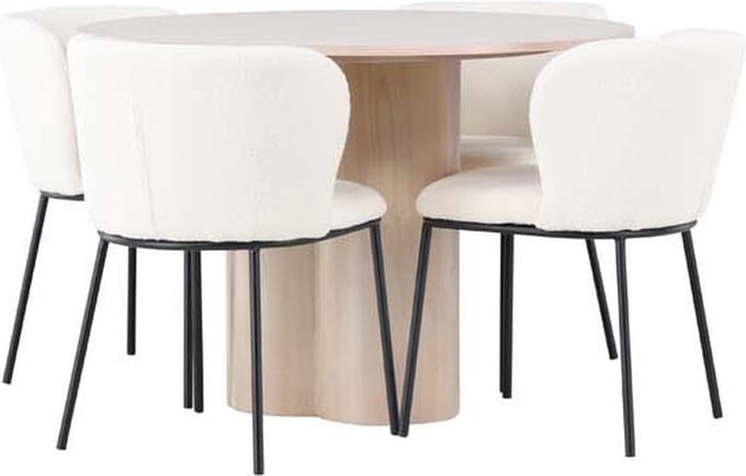 Olivia eethoek tafel whitewash en 4 Edina stoelen wit.