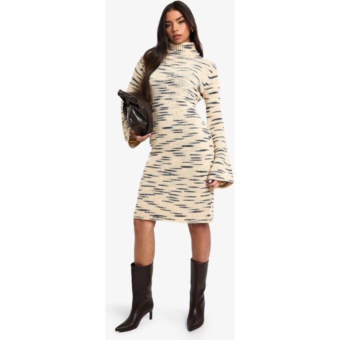 boohoo Dames Premium Marl Gebreide Rolkraag Midi Jurk | Steen | Maat: Medium