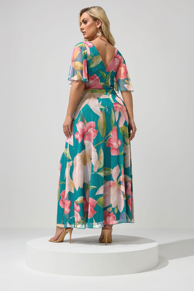 Yours Blauwgroene Maxiwikkeljurk Met Bloemenprint Size 48