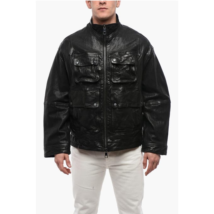 Meerdere zakken LOOSE WASHED leren jas in zwart