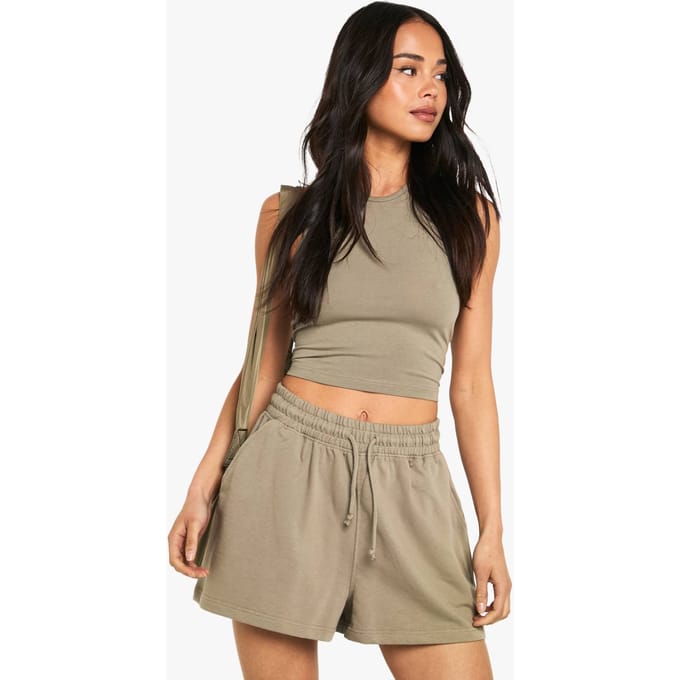 boohoo Dames Racer Top en Sweatshort Set | Gewassen Kaki | Maat: Medium