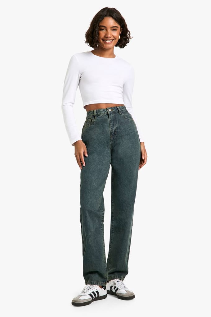 boohoo Dames Hoge 34 Inch Basic Straight Leg Jeans | Vintage Wash | Maat: 8