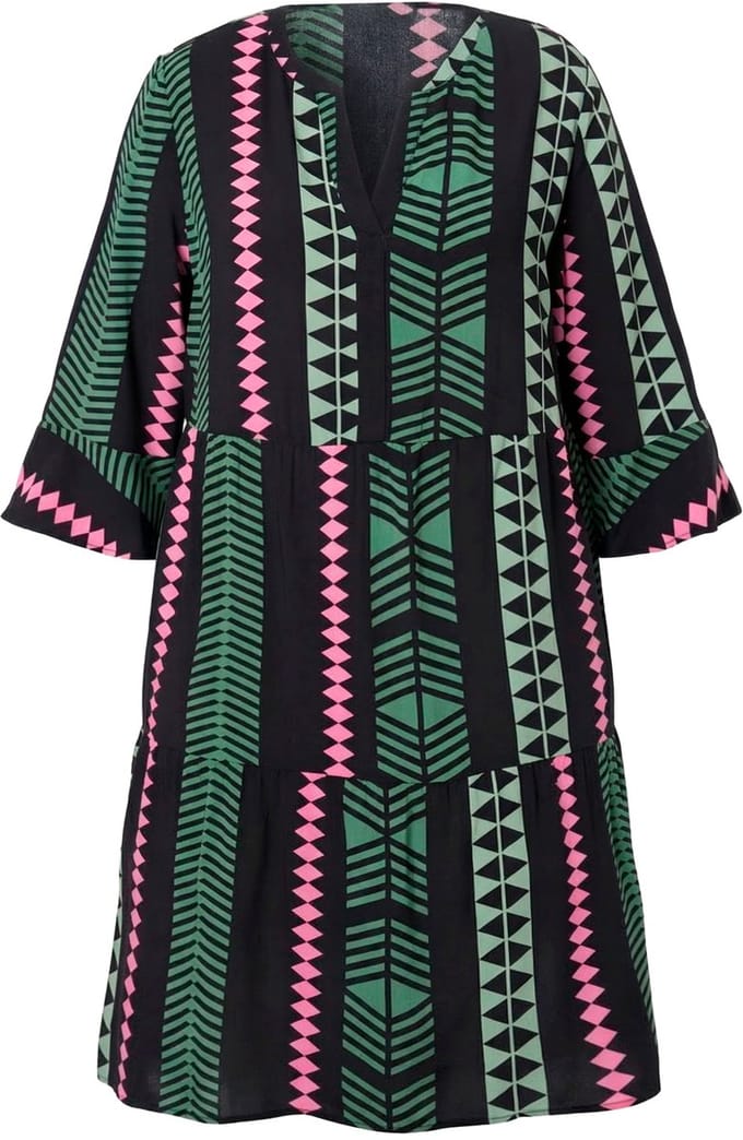Ulla Popken - Dames - Jurk grafische print tuniekhals 3/4-mouwen - Donker eucalyptus - Maat 42+