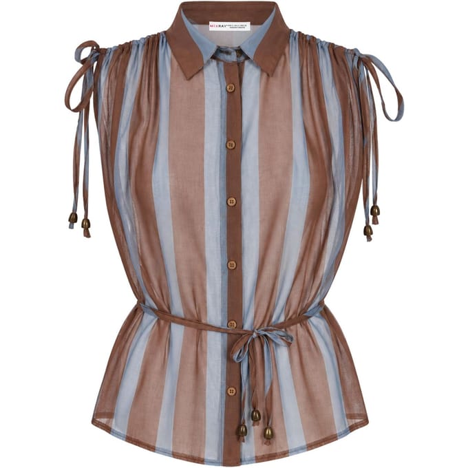 Gestreepte Mouwloze Blouse met Knoopsluiting en Strikdetail