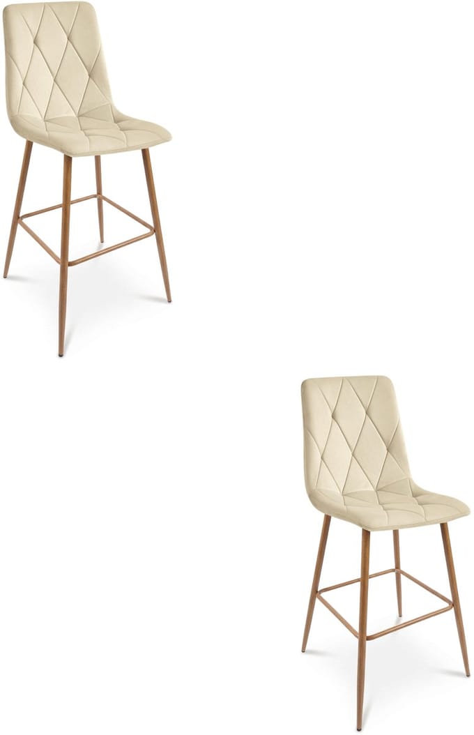 Set van 2 barkrukken LIBRA - Lichtbeige fluweel - Eikenlook metalen poten - Modern design