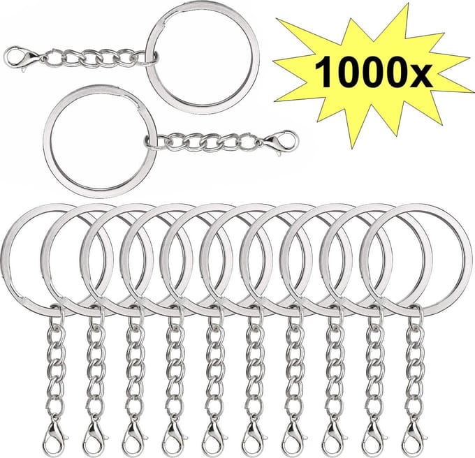 Fako Bijoux - Sleutelringen Met Karabijnsluiting - Sleutelhanger Ringen - Splitringen Met Ketting - RVS - Plat - 30 mm - 1000 Stuks