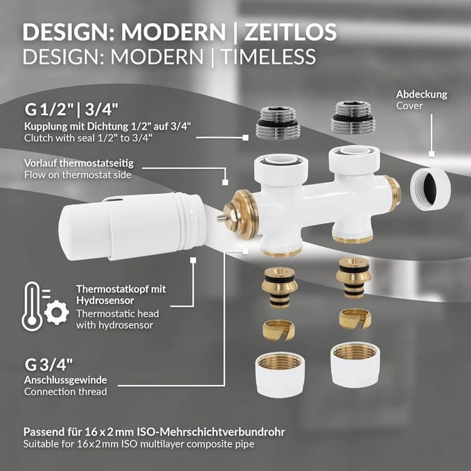 Afsluiterset Radiator - Aansluitset Multiblock - Centrale Verwarming - Middenaansluiting 50mm - Doorlopende Vloeraansluiting - Wit