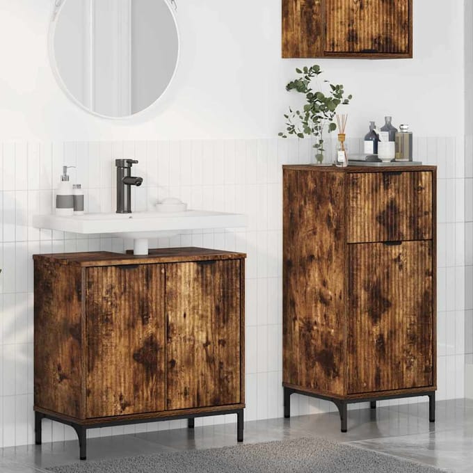 vidaXL - Badkamermeubel - Set - 2 - st - Rook - Eiken - Samengesteld - Hout - en - Metaal