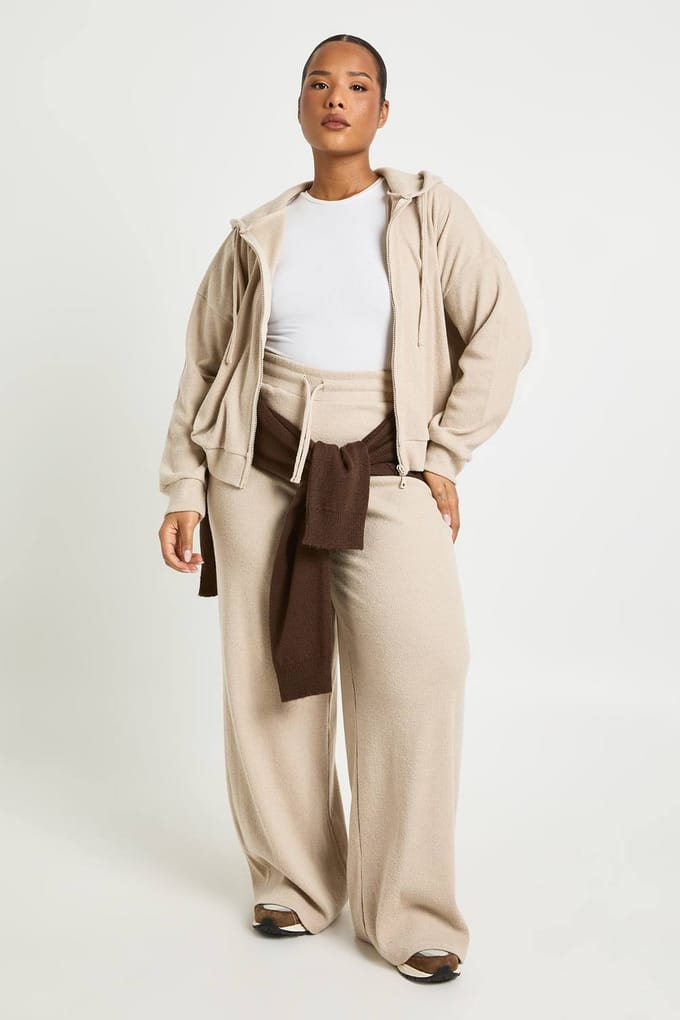 boohoo Dames Plus Gebreide Rib Hoodie met Ritssluiting | Steen | Maat: 44