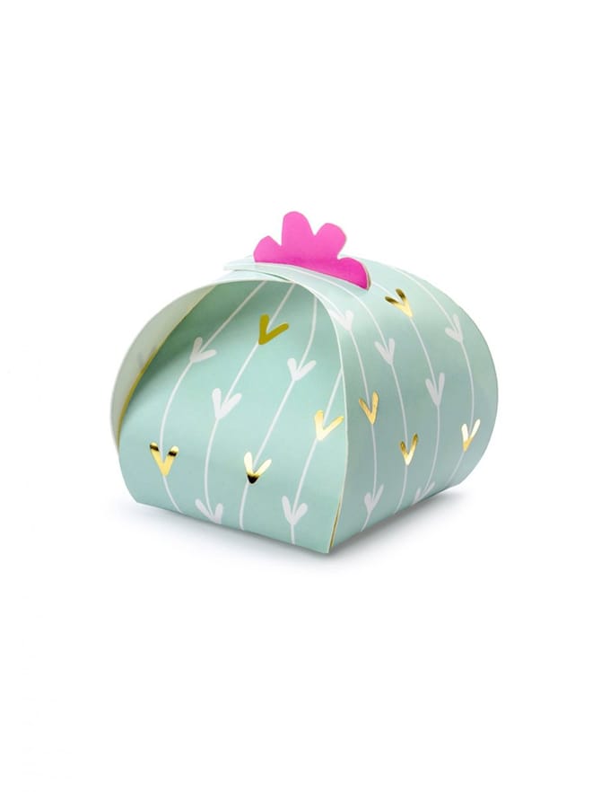 PARTYDECO - 10 kartonnen cactussen dozen munt 6 x 6 cm fuchsia en goudkleurig