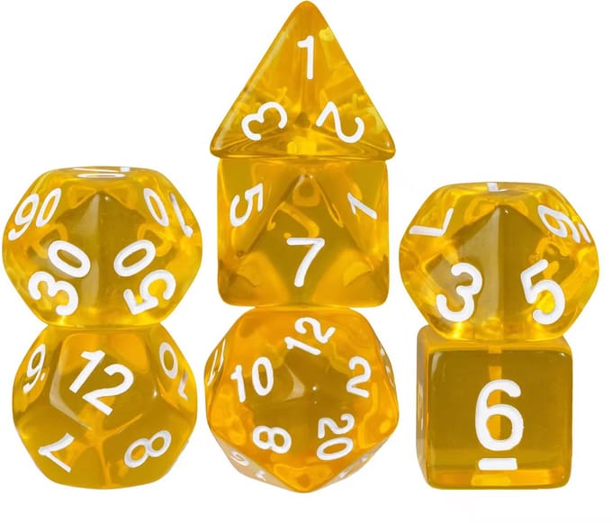 Dobbelstenen Set 7-delig – Transparant Geel D20 D12 D10 D8 D6 D4 – Voor RPG & Tafelspellen