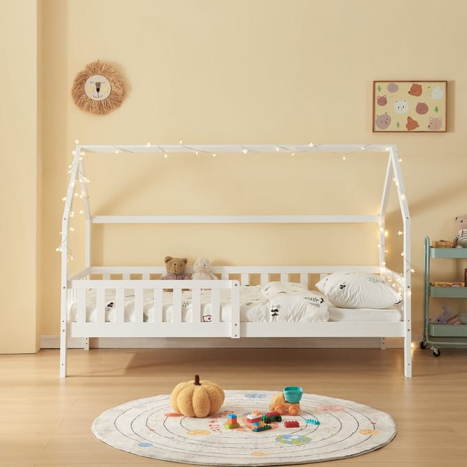 Kinderbed Ydre huisbed met bedbodem 90x200 cm wit [en.casa]