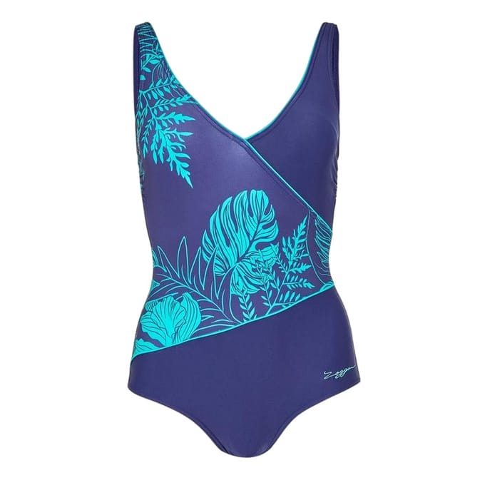 Zoggs Dames Gedrukte Wrap Front Eéngemaakt Badpak (Blauw)