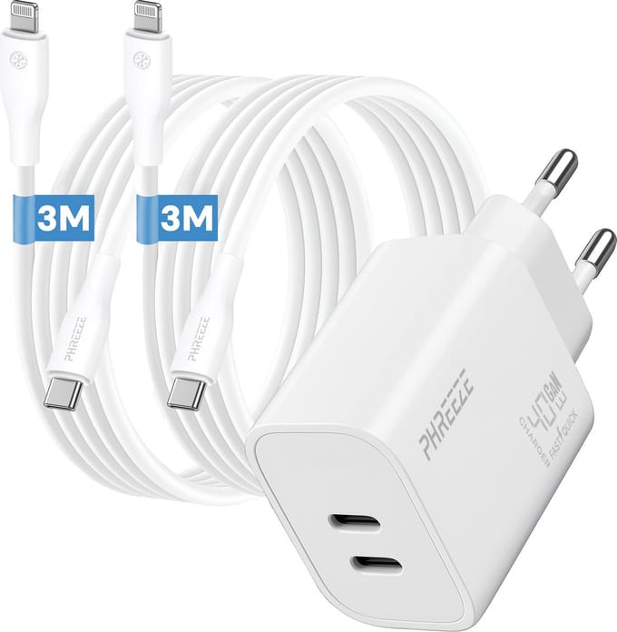 Phreeze usb C adapter - Geschikt voor iPhone en iPad met Lightning kabel - 40 W Power Delivery oplader met 2 kabels 3m