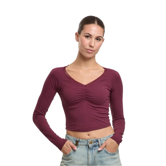Urban Classics - Short Longsleeve Lace Longsleeve top - 5XL - Bordeaux rood