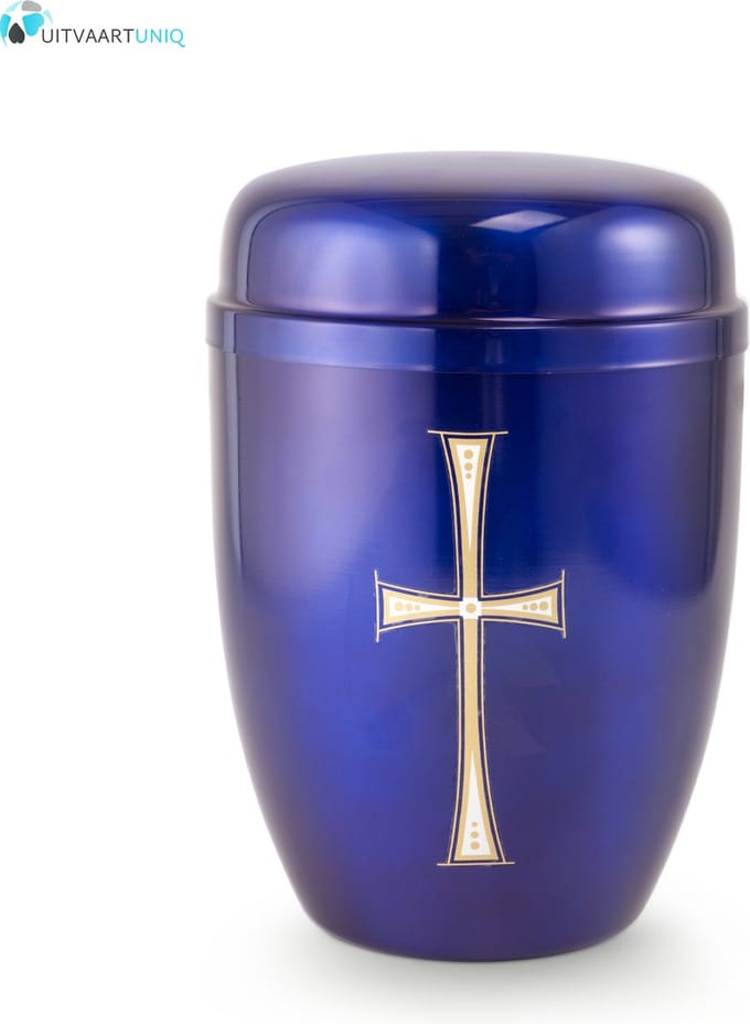 Bokaal urn blauw met kruis - staal