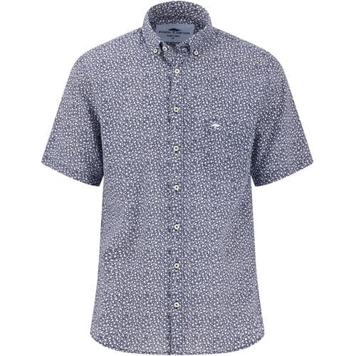 Fynch-Hatton Overhemd Mini Flowers Linnen Short Sleeve Button-Down Navy-Wit / male