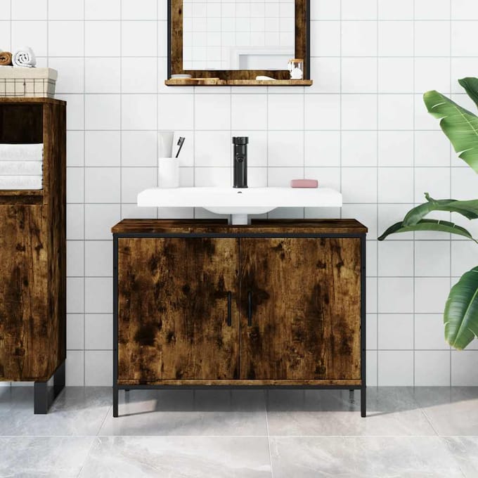 vidaXL - Badkamerkast - 80x30x60 - cm - bewerkt - hout - gerookt - eikenkleurig