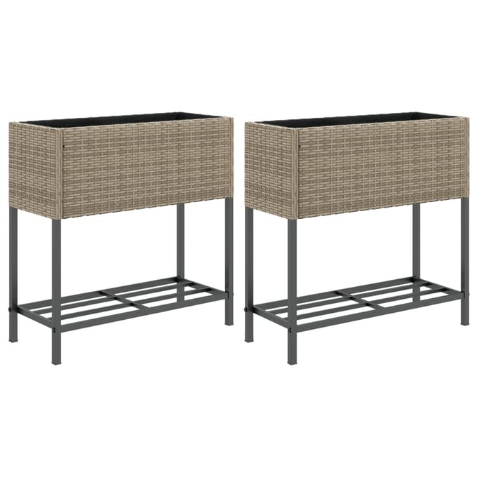 vidaXL - Plantenbakken - met - schap - 2 - st - 70x28x70 - poly - rattan - grijs
