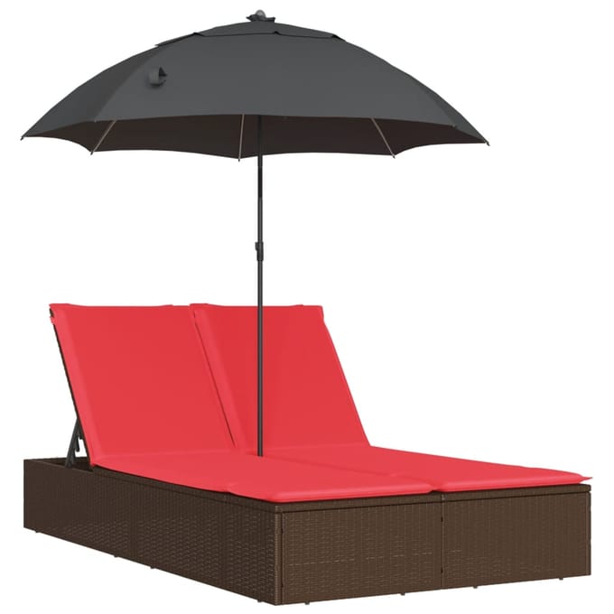 vidaXL - Ligbed - 2-persoons - met - kussens - en - parasol - poly - rattan - bruin
