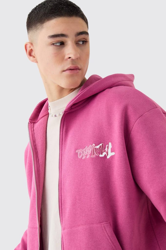 Official Graffiti Boxy Fit Zip Through Hoodie | Pink | Size Medium