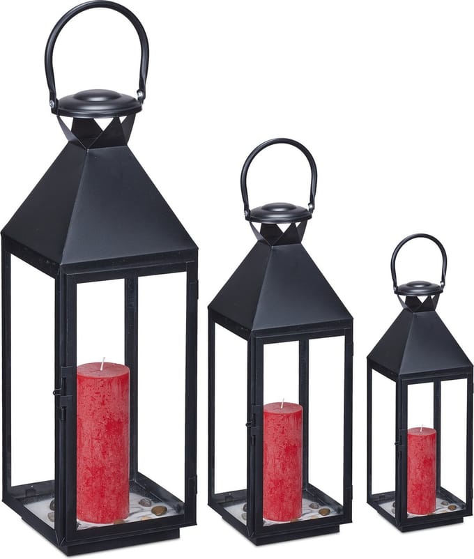 lantaarn windlicht - set van 3 - binnen - buiten - 3 groottes - glas - metaal - zwart