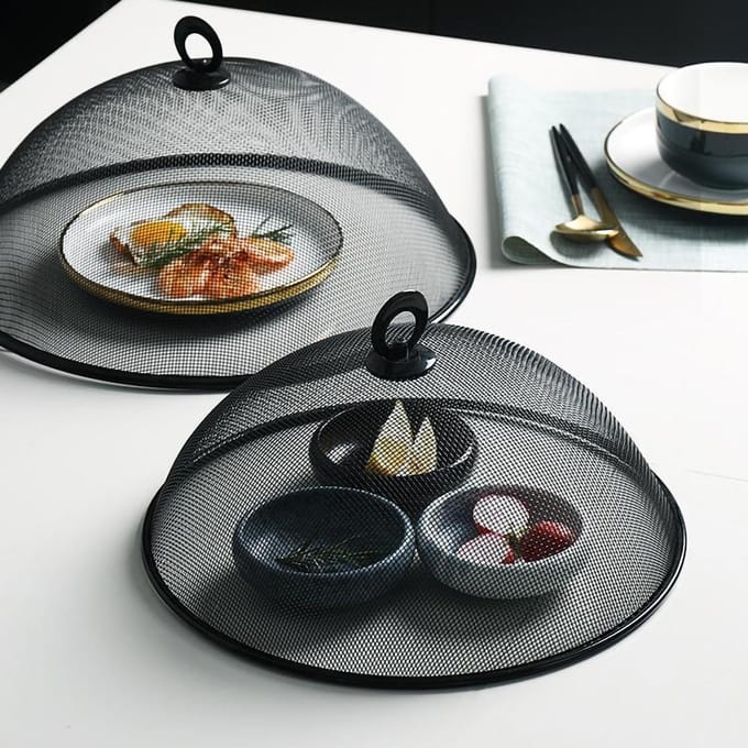 Couvercle alimentaire en maille dense, rotatif à 180 degrés, simple, en fer, avec poignée, pour la maison Round Medium noir