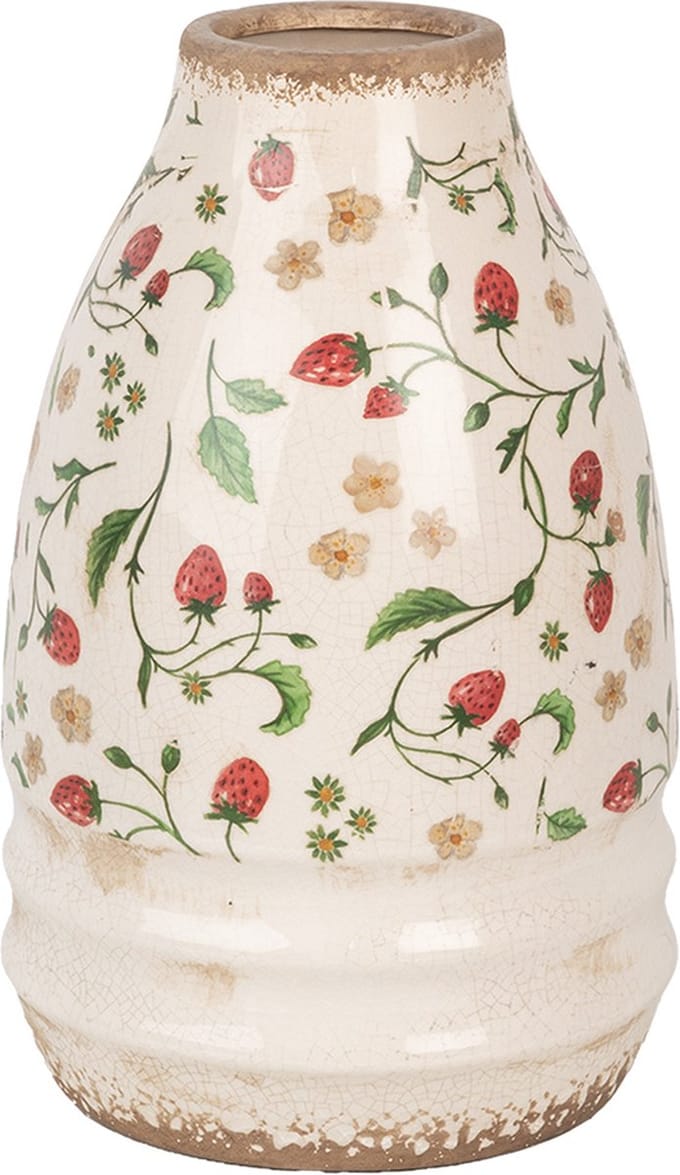 Clayre & Eef Vaas Ø 21x32 cm Beige Rood Keramiek Bloemen