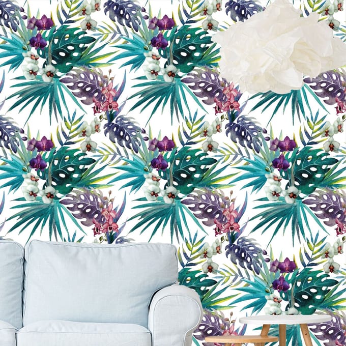 Behangsticker - Wilde orchideeën en palmbladeren - 60x60cm