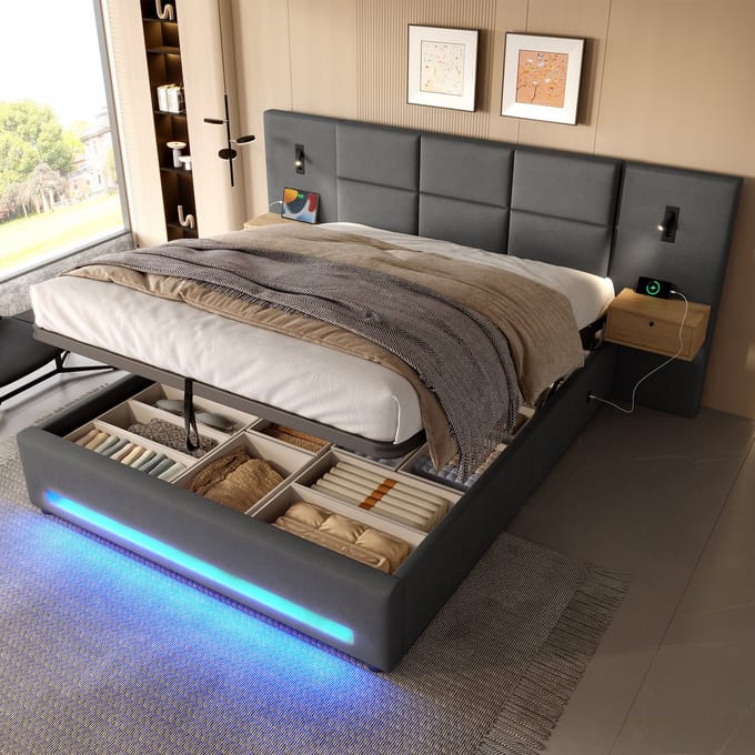REDOM - Gestoffeerd Bed - Opbergruimte En USB-C - Modern - Slaapkamer - Fluweel - Donkergrijs - 180 X 200 Cm