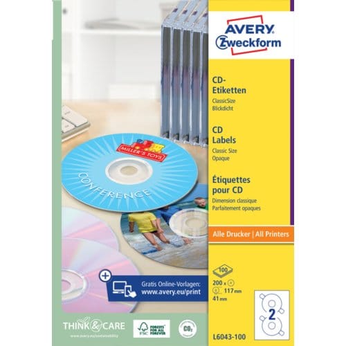 Etiket avery zweckform l6043-100 cd wit 200stuks