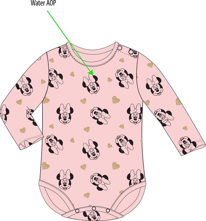 Rompertje Minnie Mouse gezichtjes roze met glitter hartjes maat 92