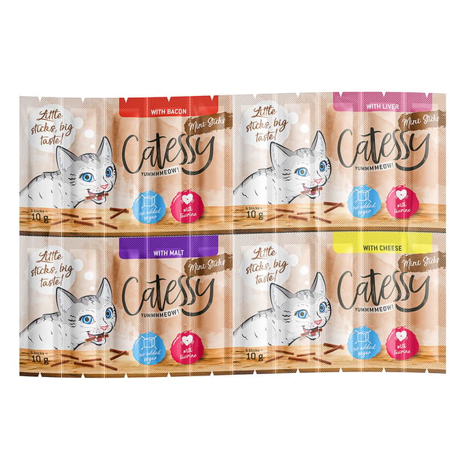 Catessy Mini-Sticks Mix 2 Kattensnacks 60 x 2 g met 4 smaken (bacon, lever, mout, kaas)