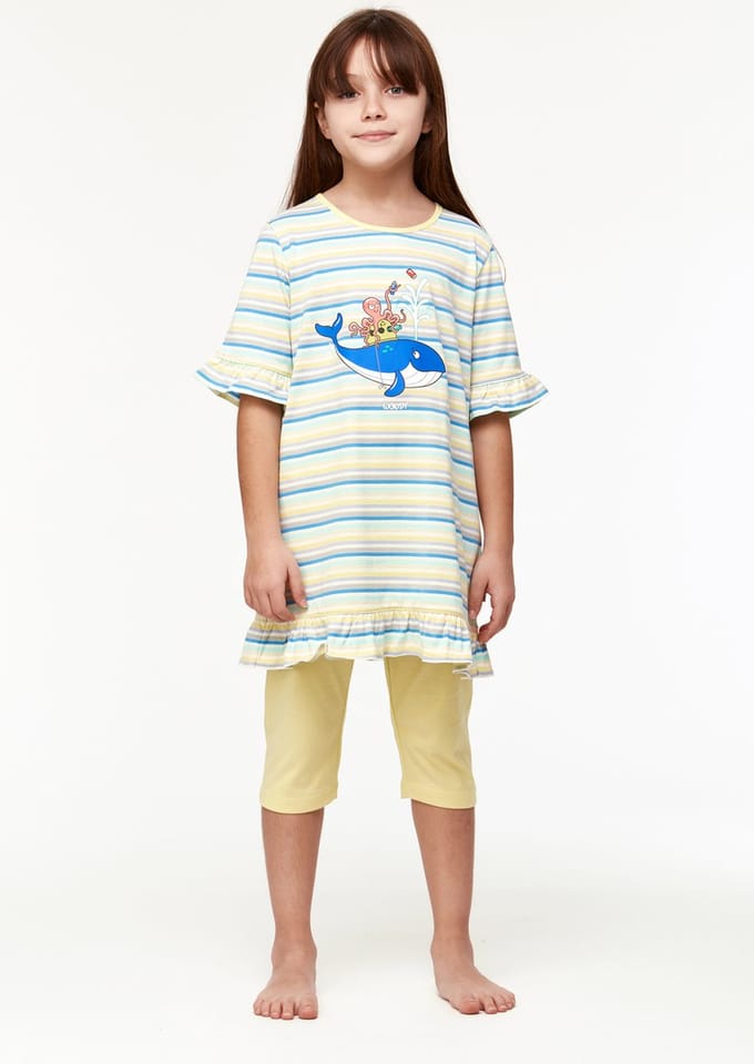 Woody pyjama meisjes/dames - multicolor gestreept - walvis - 231-1-TUN-S/904 - maat 128