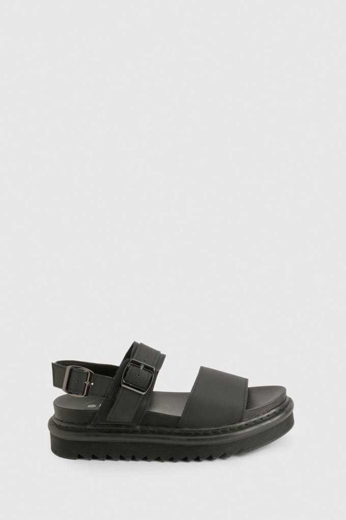 boohoo Dames Chunky Gespdetail Flatform Sandalen | Zwart | Maat: 36