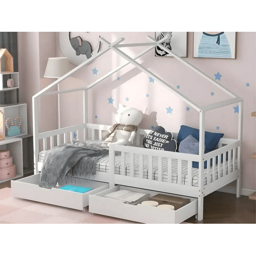 Merax Kajuitbed met 2 laden - 90 x 200 cm - grenenhout - lattenbodem - wit