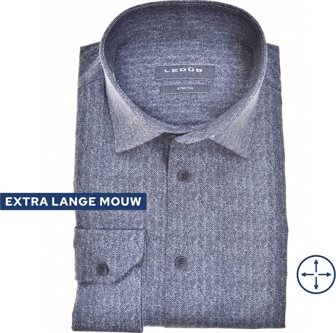 Ledub modern fit overhemd - mouwlengte 72 cm - popeline - donkerblauw dessin - Strijkvriendelijk - Boordmaat: 46
