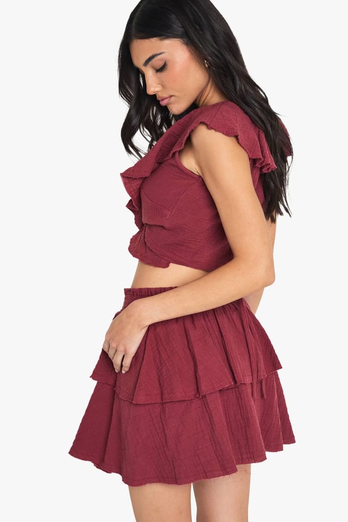 boohoo Dames Cheesecloth Dubbele Laag Ruffle Rara Mini Rok | Red | Maat: 12