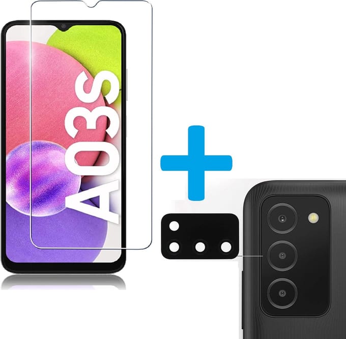 Display Bescherming Schermprotector Tempered Glass Screen Protector + Camera lens zwart Beschermer Geschikt voor: Samsung Galaxy A03s