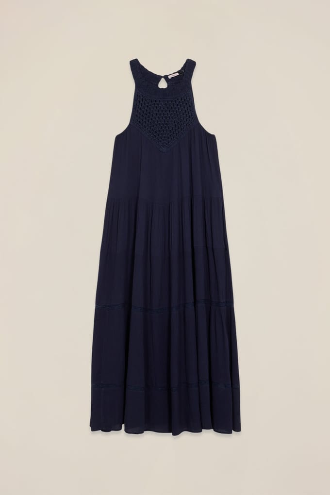 Oltre Long Dress With Crochet Insert Blue Größe: XL | Maxikleider Outlet | Damen | Blau