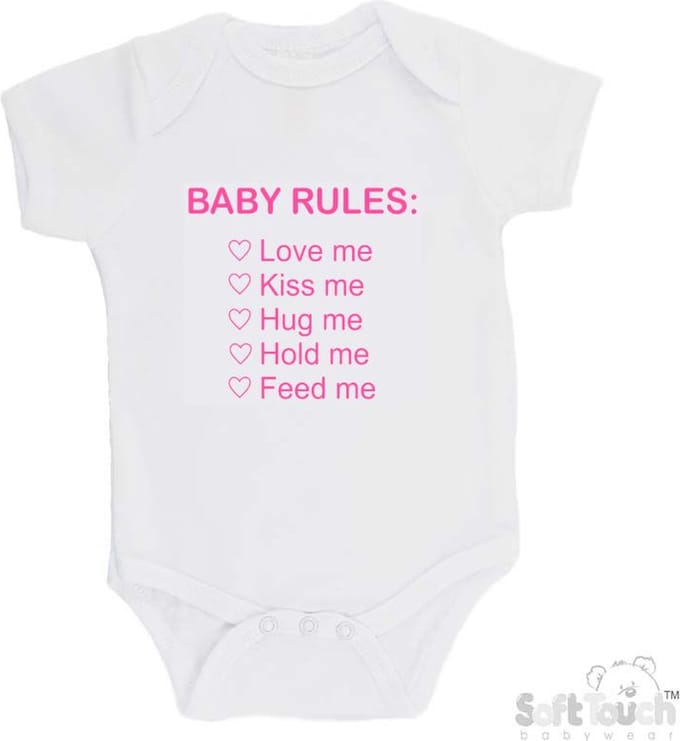 100% Katoenen Romper "Baby rules" Meisjes Katoen Wit/roze Maat 62/68