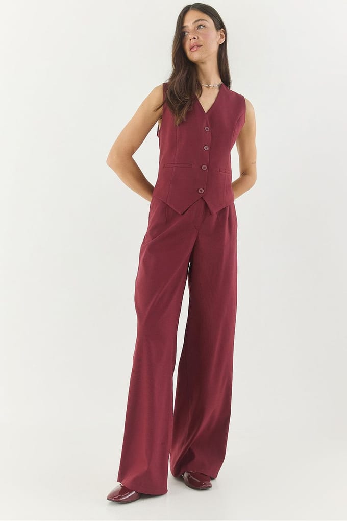 V-hals Mouwloos Vest en Brede Pijpen Broek Set