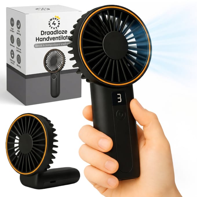 Twenty4seven® Handventilator Pro Zwart - Draagbare Ventilator Oplaadbaar - Mini Tafelventilator Draadloos - Waaier & Handwaaier - 6 Standen