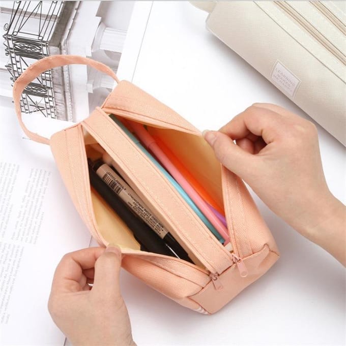 1pc Trousse à Crayon Grande Capacité Double Couche Design Double Fermeture Éclair Portable Organisateur Multifonctionnel pour École Bureau Usage Quotidien gris