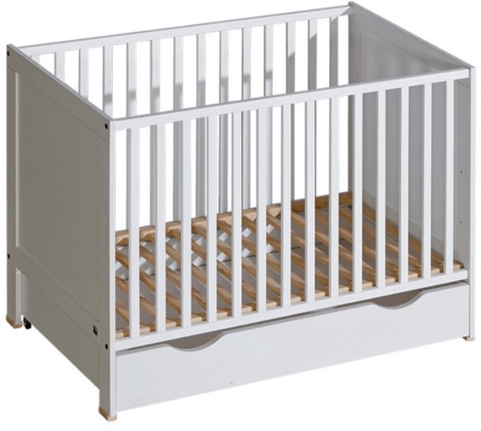 Basic Babybed 120x60 – Scandinavisch Design – Verstelbaar in 3 Hoogtes – Met 3 Uitneembare Spijlen – Veilig & Duurzaam – Wit / Berken