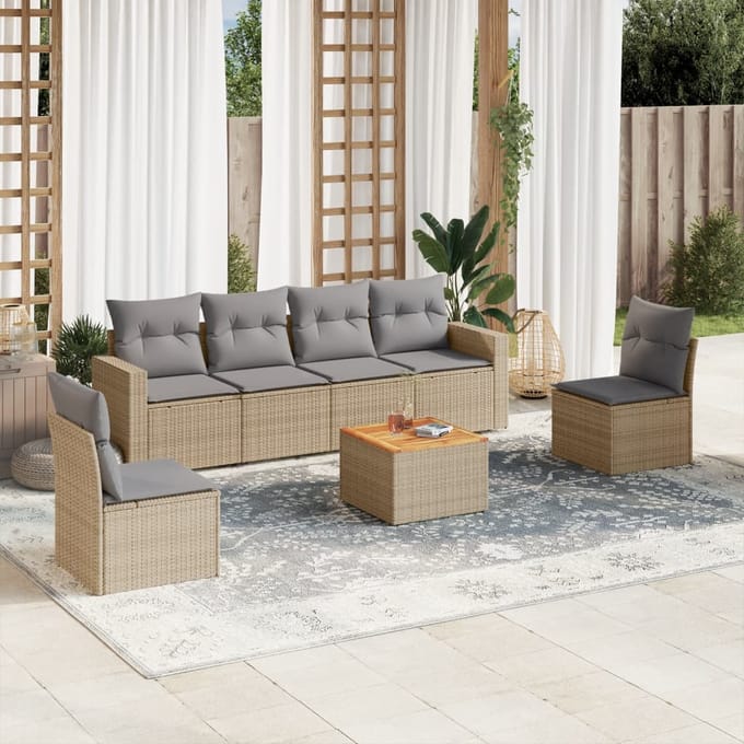 vidaXL - 7-delige - Loungeset - met - kussens - poly - rattan - beige
