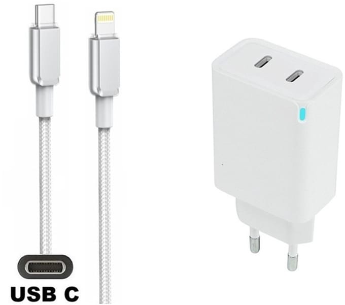 45W super snellader met 2 poorten USB C - USB C + 2,0m USB C naar Lightning kabel. Witte PD PPS lader. Oplader adapter past op Apple iPhone 8 t/m iPhone 14