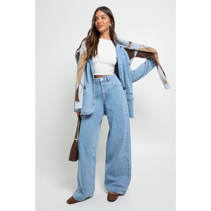 boohoo Dames Midden-taille, losse pasvorm, wijde pijpen jeans | Medium Blauw | Maat: 38