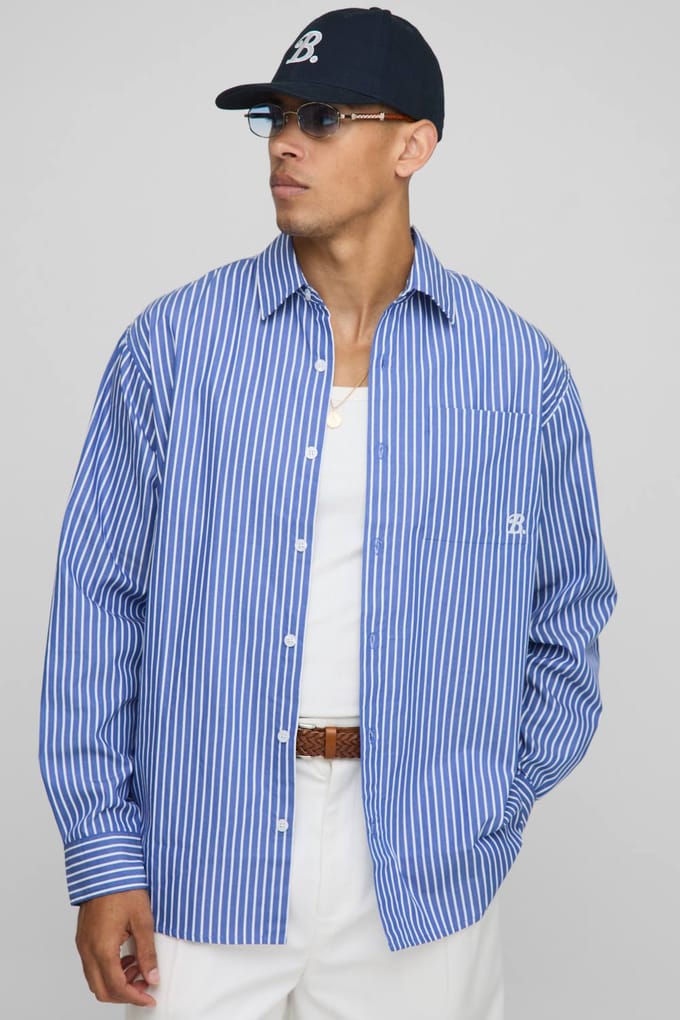 Super Oversized Geborduurd Gestreept Kraaghemd | Blue | Size Medium