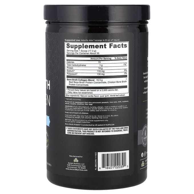 Nutrition Ancienne, Bouillon d'Os Collagène, Saveur Vanille, 1,1 lb (519 g)